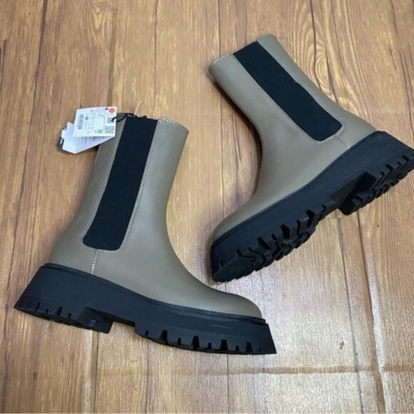 Zara Khaki Green Leather Track Sole‎ Aankle Boots Women Size US 6.5 (EU 37) - Picture 5 of 13